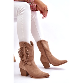S.Barski Women's Low Suede Cowboy Boots With Fringes, Beige 4