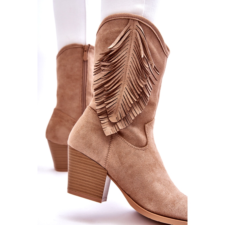 S.Barski Women's Low Suede Cowboy Boots With Fringes, Beige 2