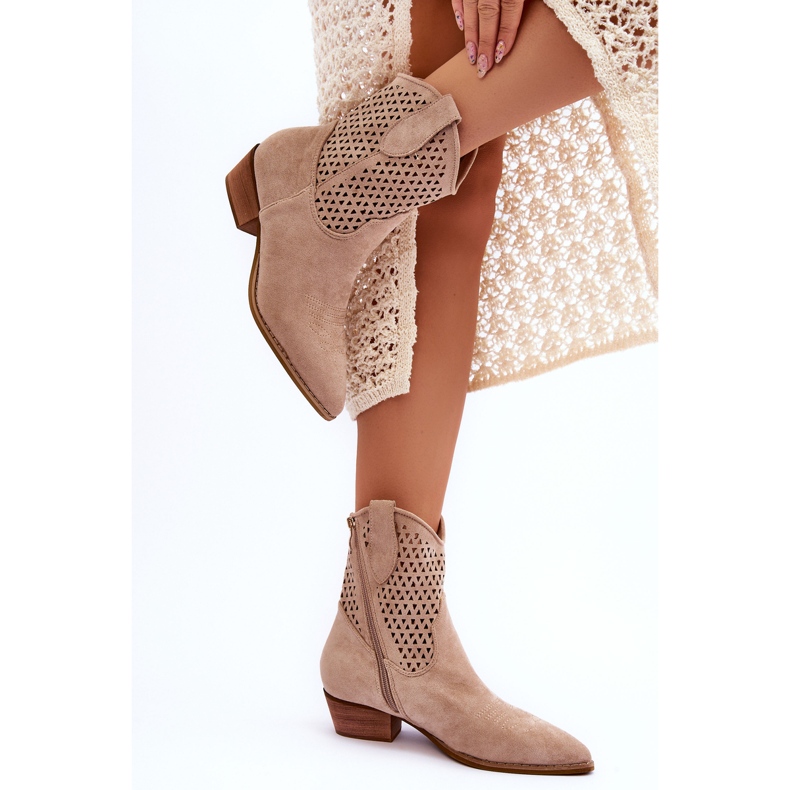 FB1 Women's Openwork Cowboy Boots Beige Reeds 2