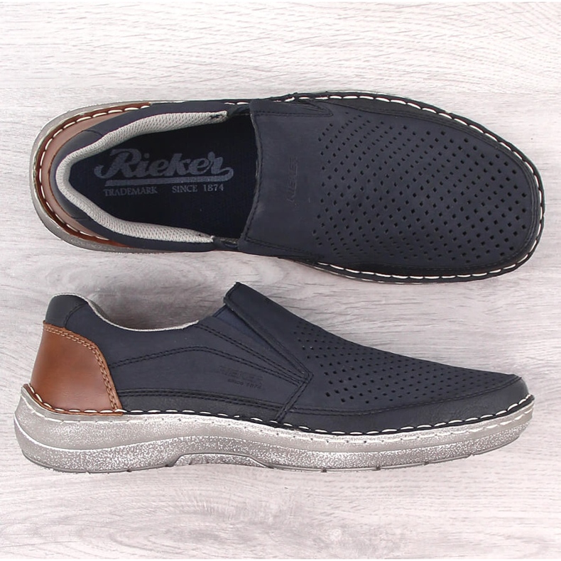 Comfortable men's navy blue openwork slip-on shoes Rieker 03079-14 1