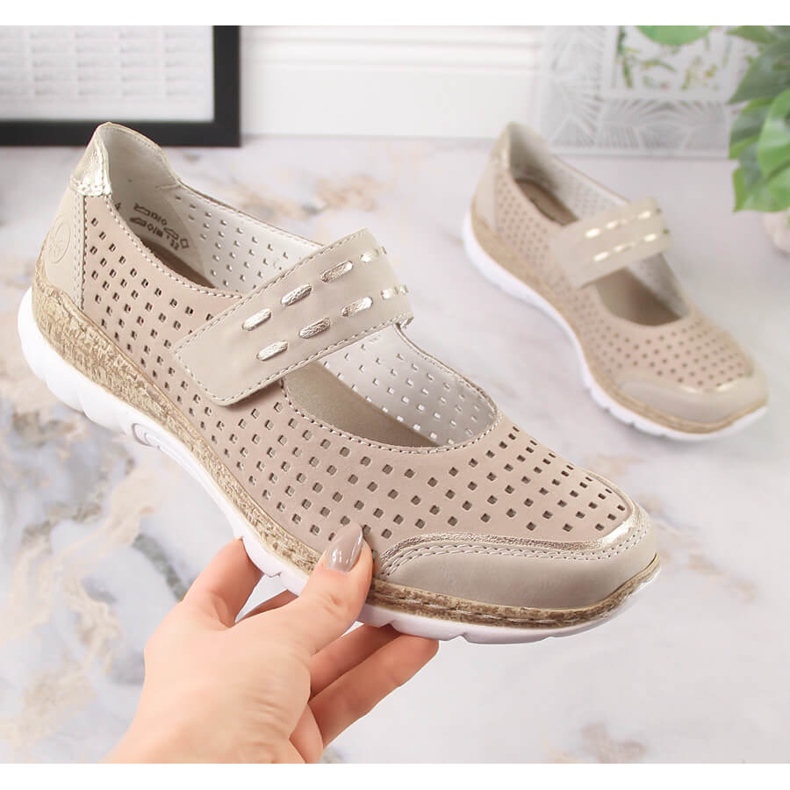 Women's summer leather shoes with velcro beige Rieker N4257-60 1