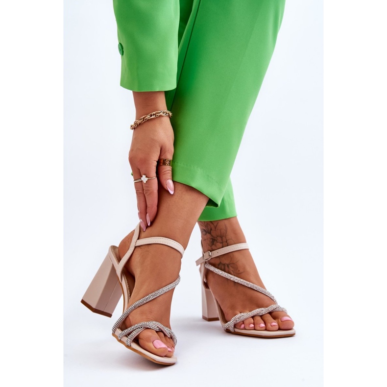 Leather Sandals With Rhinestones Beige Heels Carlotta brown 2