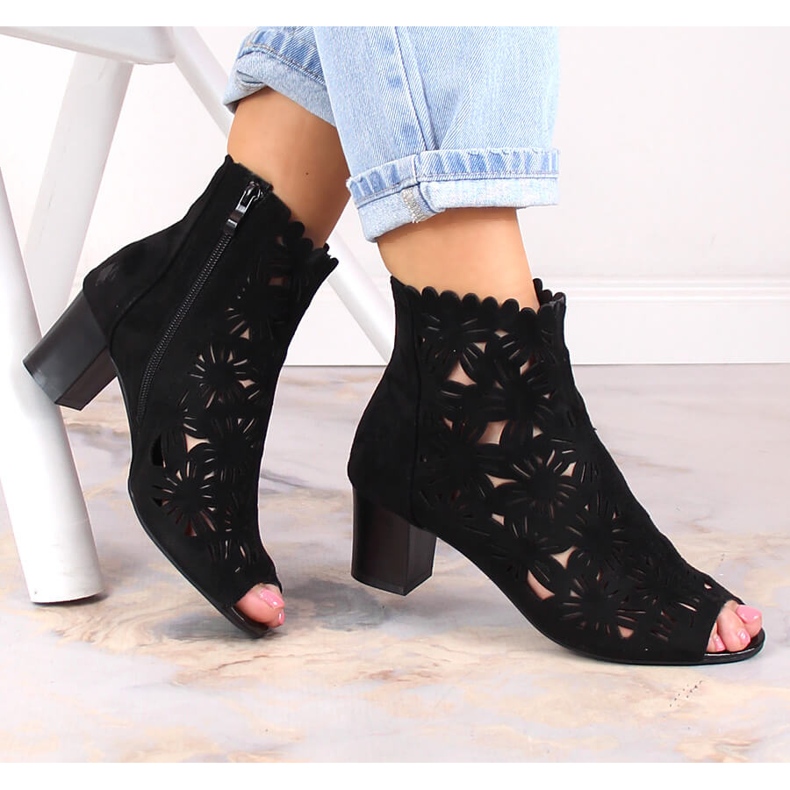 M. DASZYŃSKI Women's spring openwork boots peep toe black M.Daszyński MR1954-10 1