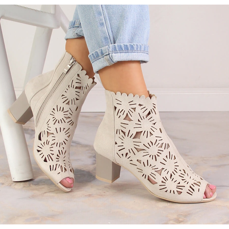 M. DASZYŃSKI Women's spring openwork peep toe boots beige M.Daszyński MR1954-10 1