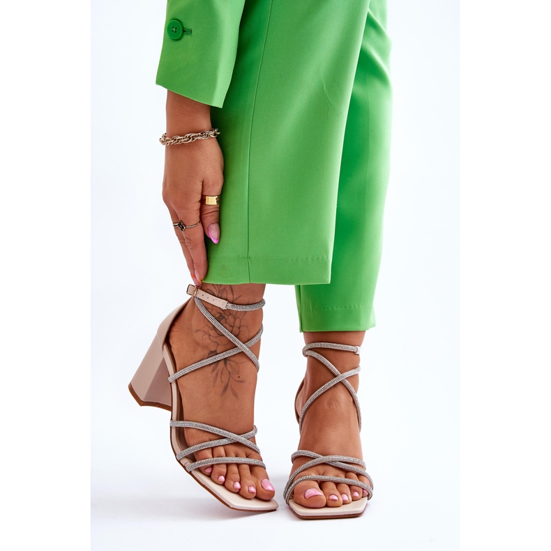 FJ1 Women's Leather Sandals With Zircons On Heels Beige Liviano brown 1