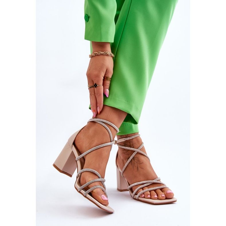 FJ1 Women's Leather Sandals With Zircons On Heels Beige Liviano brown 2