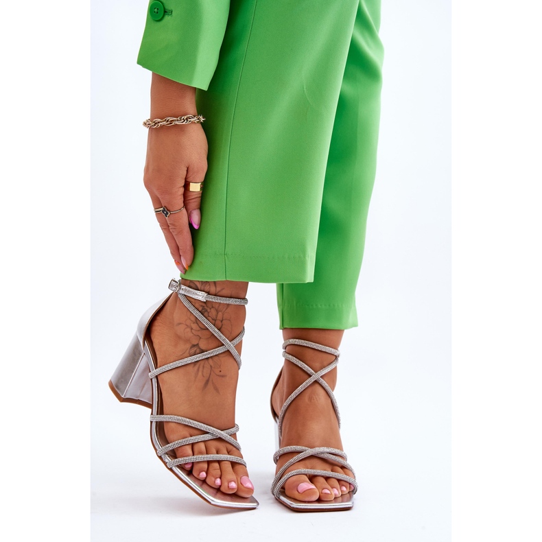 FJ1 Women's Leather Sandals With Cubic Zirconia Silver Heels Liviano 1