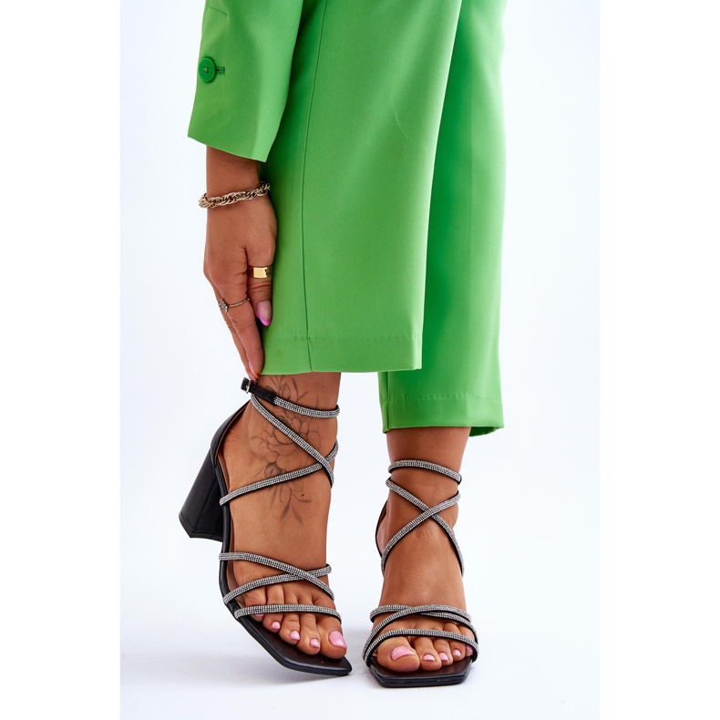 FJ1 Women's Leather Sandals With Cubic Zirconia High Heels Black Liviano 1