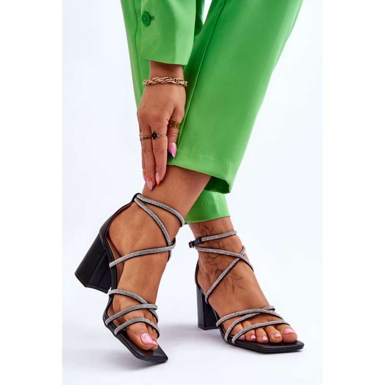 FJ1 Women's Leather Sandals With Cubic Zirconia High Heels Black Liviano 2