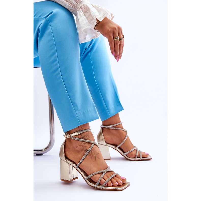 FJ1 Women's Leather Sandals With Zircons Gold Liviano High Heels golden 1