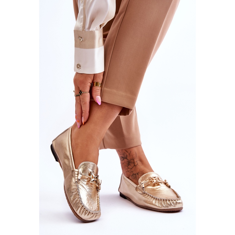 Classic Leather Loafers With Decoration Laura Messi 2459 Gold golden 2 Classic Leather Loafers With Decoration Laura Messi 2459 Gold golden 2