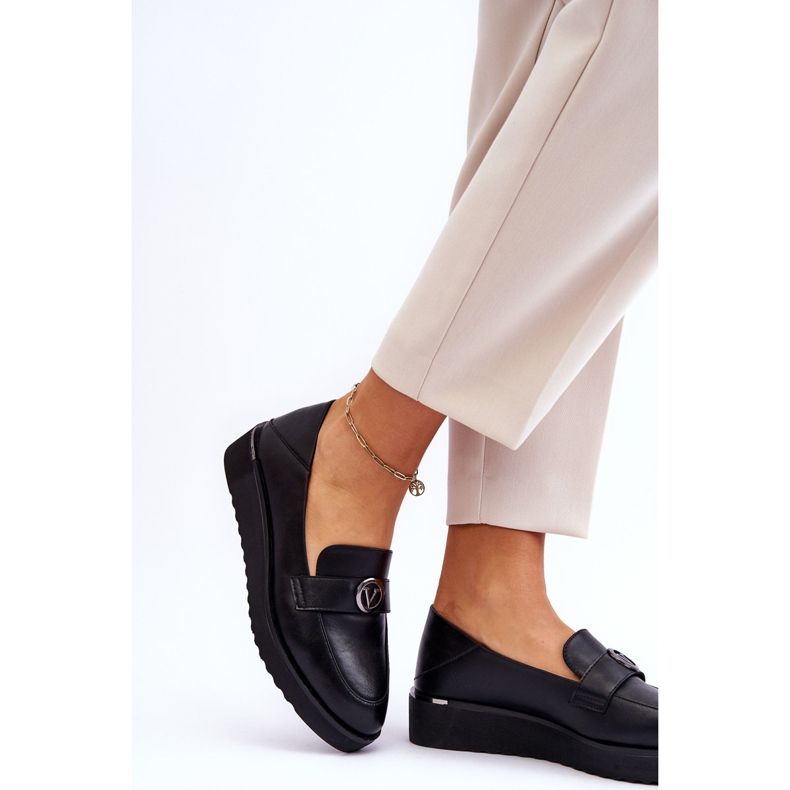 Vinceza Women's Low Wedge Leather Loafers Black Synthia 2
