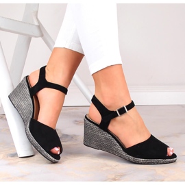 Women's black suede wedge sandals Potocki SZ12100 1 Women's black suede wedge sandals Potocki SZ12100 1