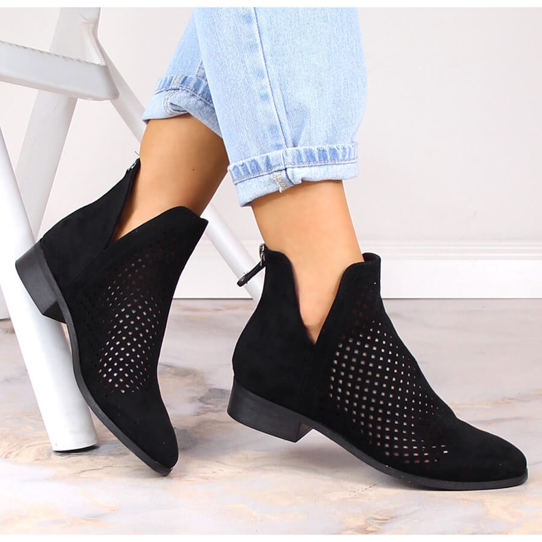 Women's openwork black suede boots Potocki SZ12107 1