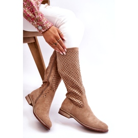 S.Barski Women's Suede Openwork Over Knee Boots Beige Savannah 4