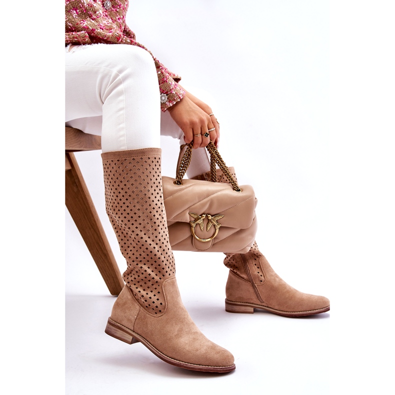 S.Barski Women's Suede Openwork Over Knee Boots Beige Savannah 3