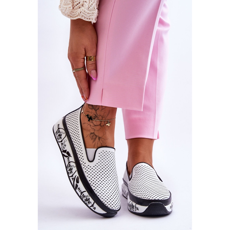 S.Barski Women's Openwork Leather Sneakers Slip-On White Sorito 1