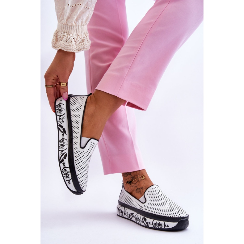 S.Barski Women's Openwork Leather Sneakers Slip-On White Sorito 2