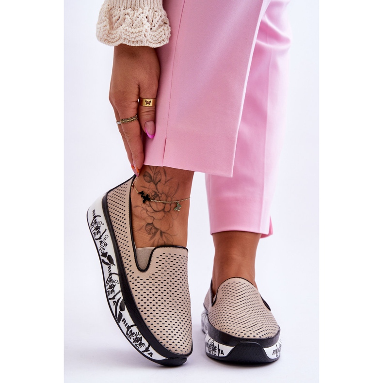 S.Barski Women's Openwork Leather Sneakers Slip-On Beige Sorito 1