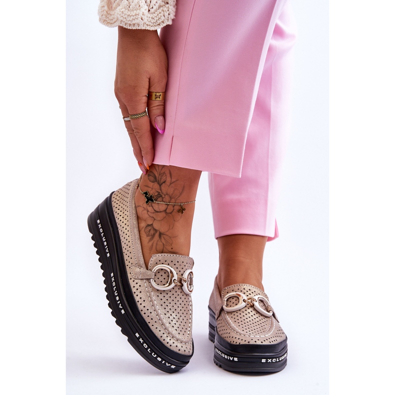 S.Barski Classic Openwork Leather Loafers With Gold Rendy Decoration golden 1