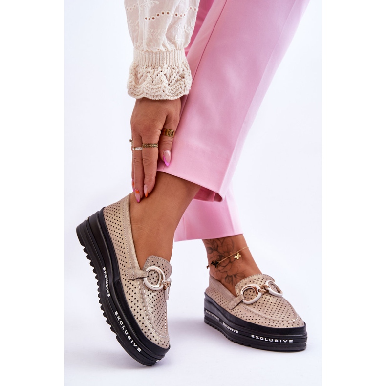 S.Barski Classic Openwork Leather Loafers With Gold Rendy Decoration golden 2