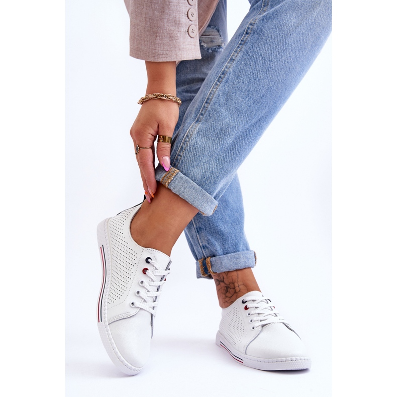 S.Barski Women's Openwork Leather Sneakers White Ferone 2