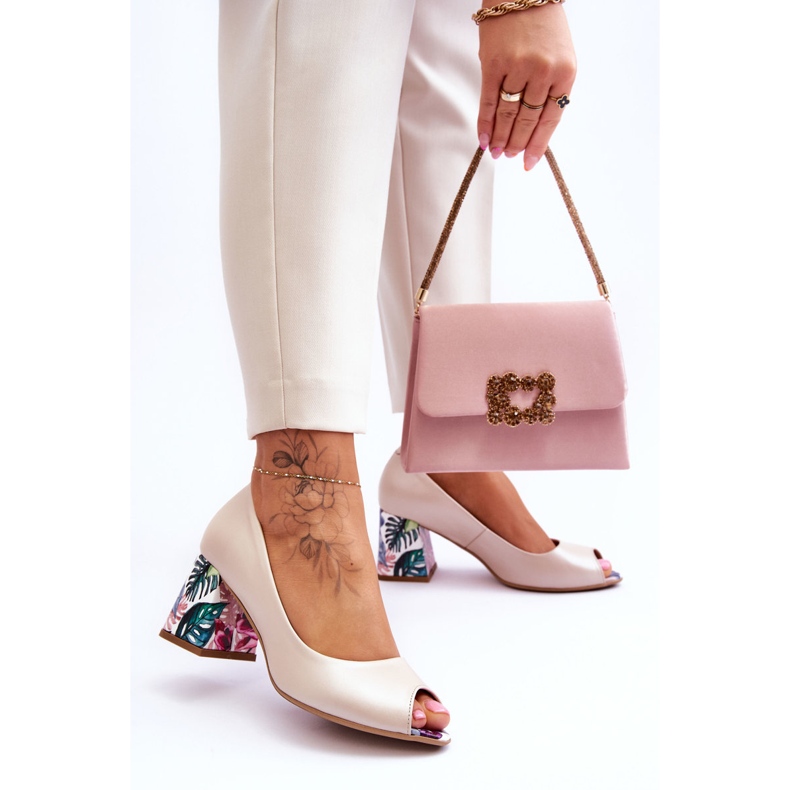 Lewski Shoes Leather Pumps With A Decorative Heel Leski Shoes 2608/K Beige Pearl 2