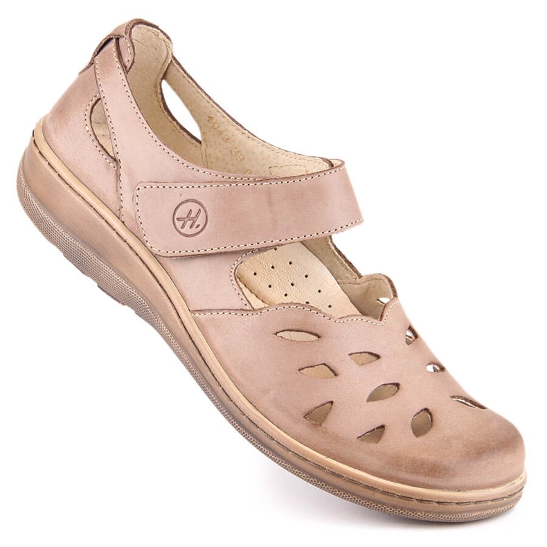 Comfortable women's openwork leather shoes with velcro beige Helios 4043 1