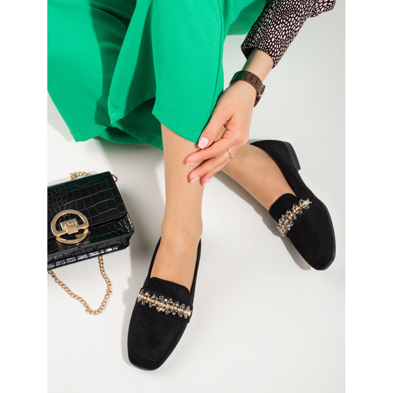 Women's suede loafers with crystals Shelovet black 1