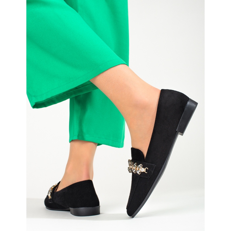 Women's suede loafers with crystals Shelovet black 2