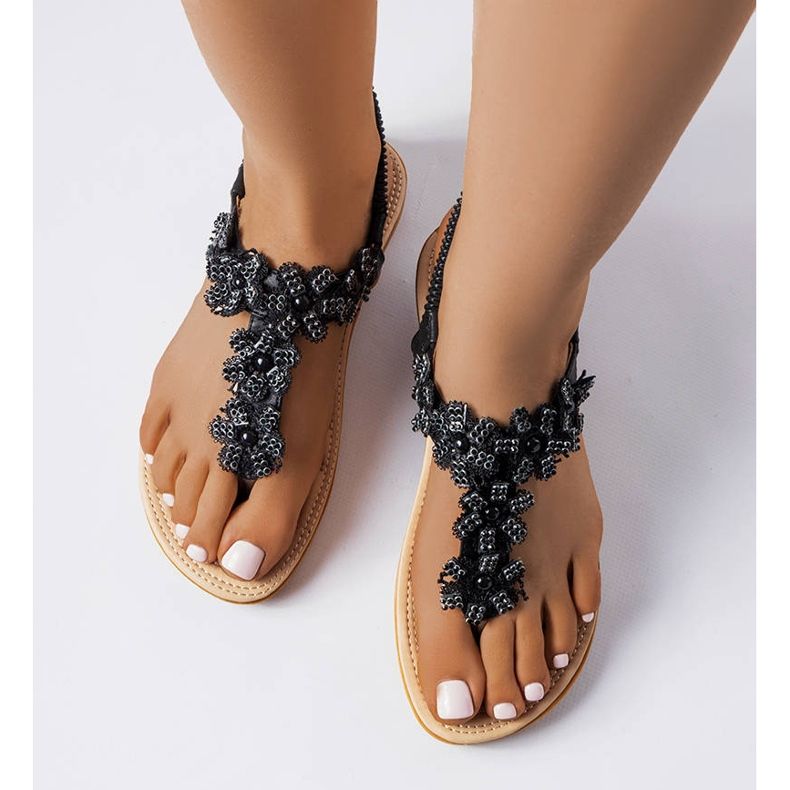 PA1 Black sandals decorated with Hervieux flowers 1