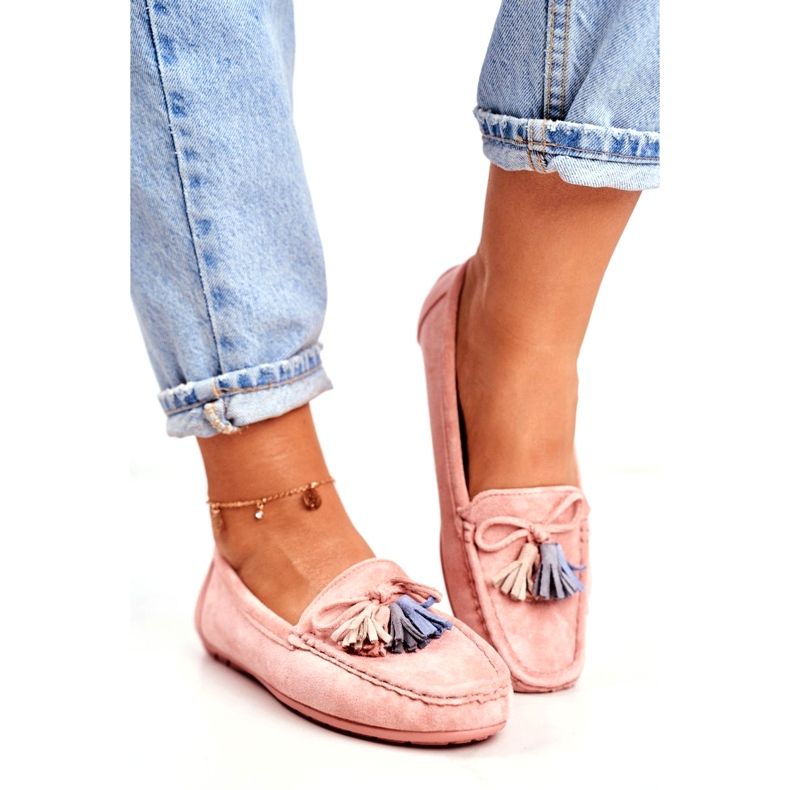 Women's Suede Moccasins With Fringes 20PB35-2003 Pink 1