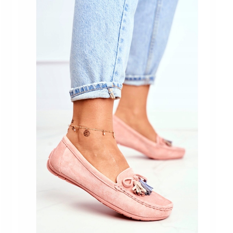 Women's Suede Moccasins With Fringes 20PB35-2003 Pink 2