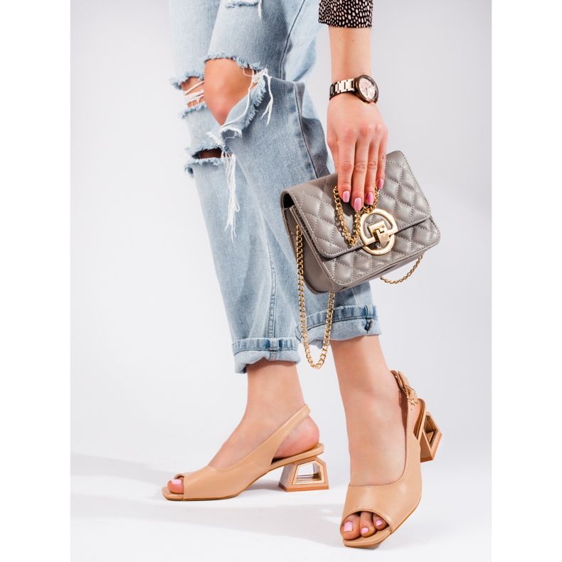 Beige sandals with a low decorative heel from Vinceza 1