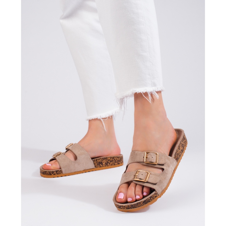 Dark beige women's slides with Shelovet buckles 1