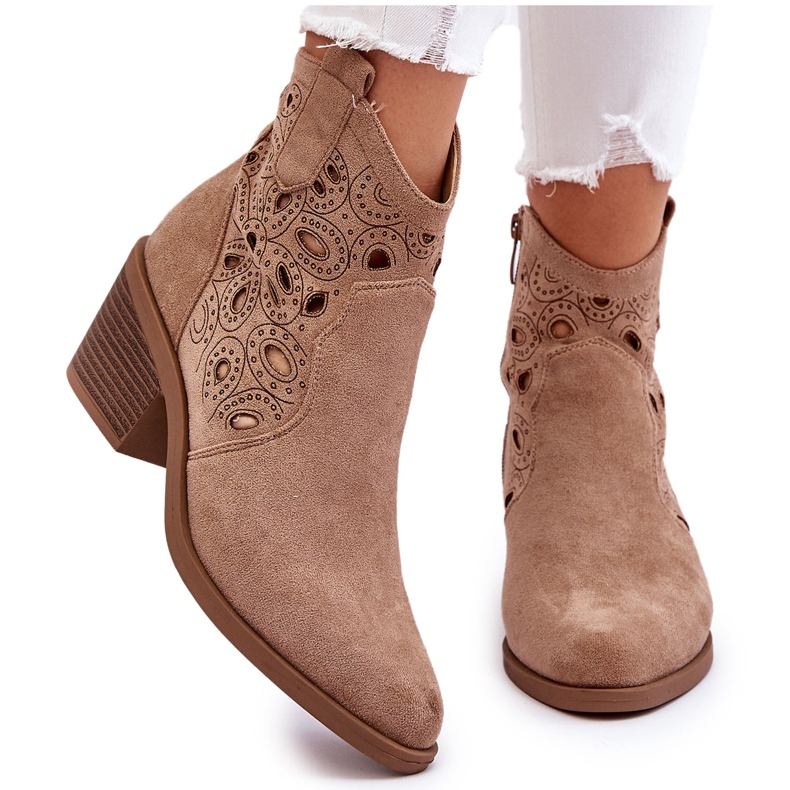 S.Barski Women's Suede Openwork Cowboy Boots, Beige 7