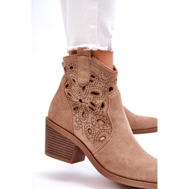 S.Barski Women's Suede Openwork Cowboy Boots, Beige 2