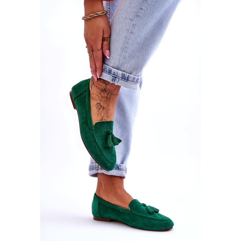 Belluci Suede Classic Loafers With Fringes Green Averil 4