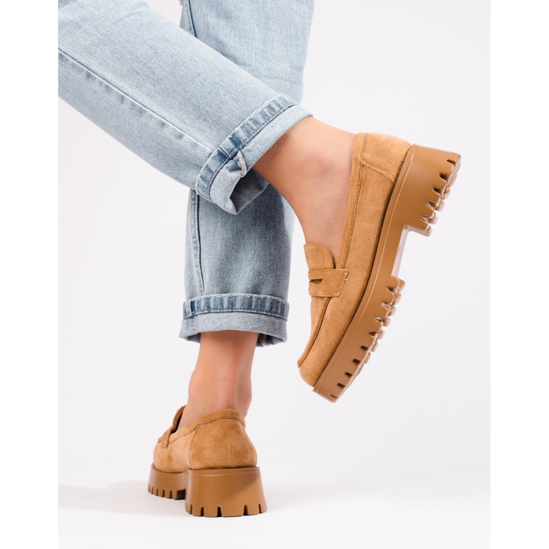 Women's brown suede loafers from Shelovet with a thick sole 1