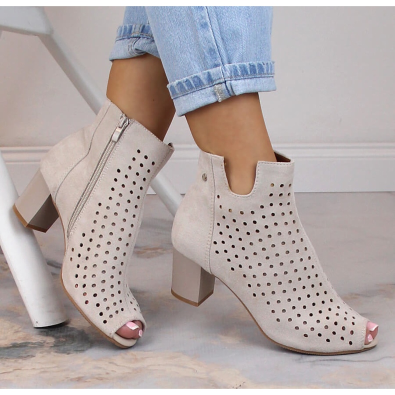 Women's spring suede openwork peep toe boots beige Jezzi ASA169-7 1
