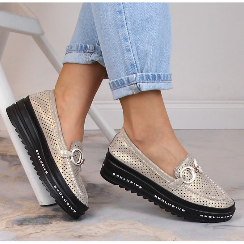 Leather comfortable openwork slip-on shoes gold S.Barski LR27750 golden 1