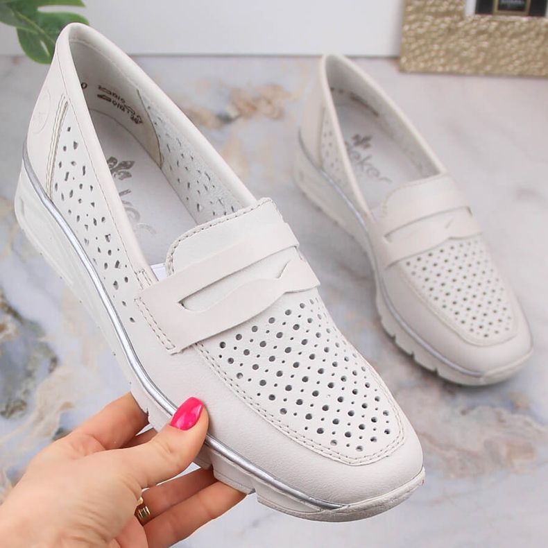 Women's leather openwork wedge shoes Rieker N3356-80 white 2
