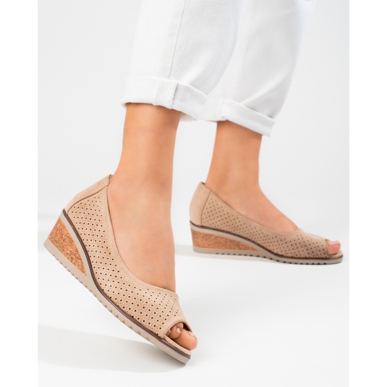 W. Potocki Women's openwork suede wedge pumps Potocki beige 1