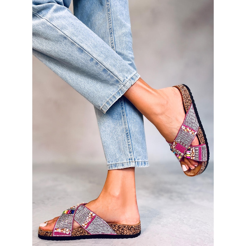 Rezai Fuchsia beaded cork slides pink 1