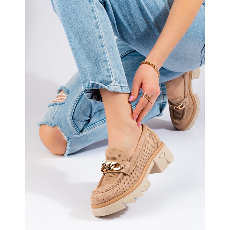 Suede loafers with chain Shelovet beige 1
