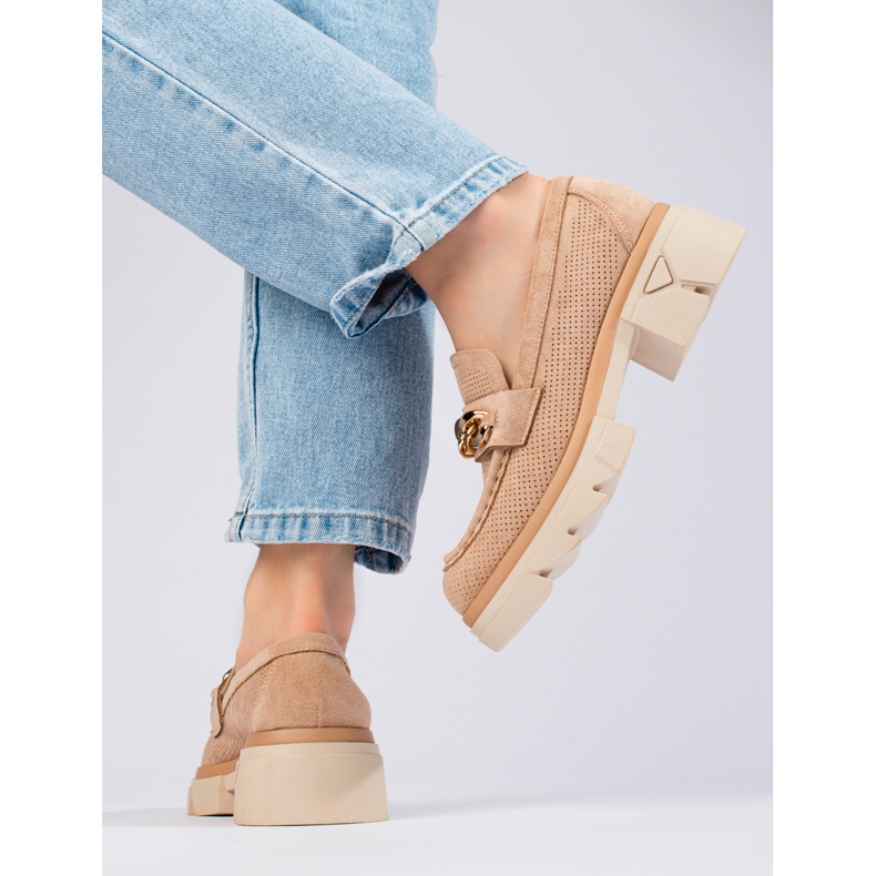 Suede loafers with chain Shelovet beige 2