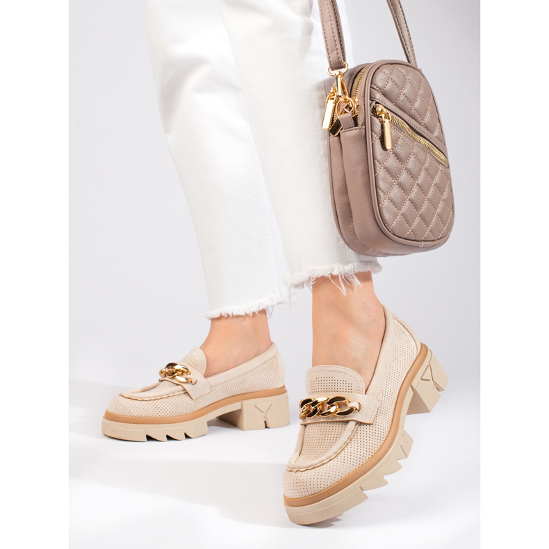 Shelovet suede loafers with chain light beige 1