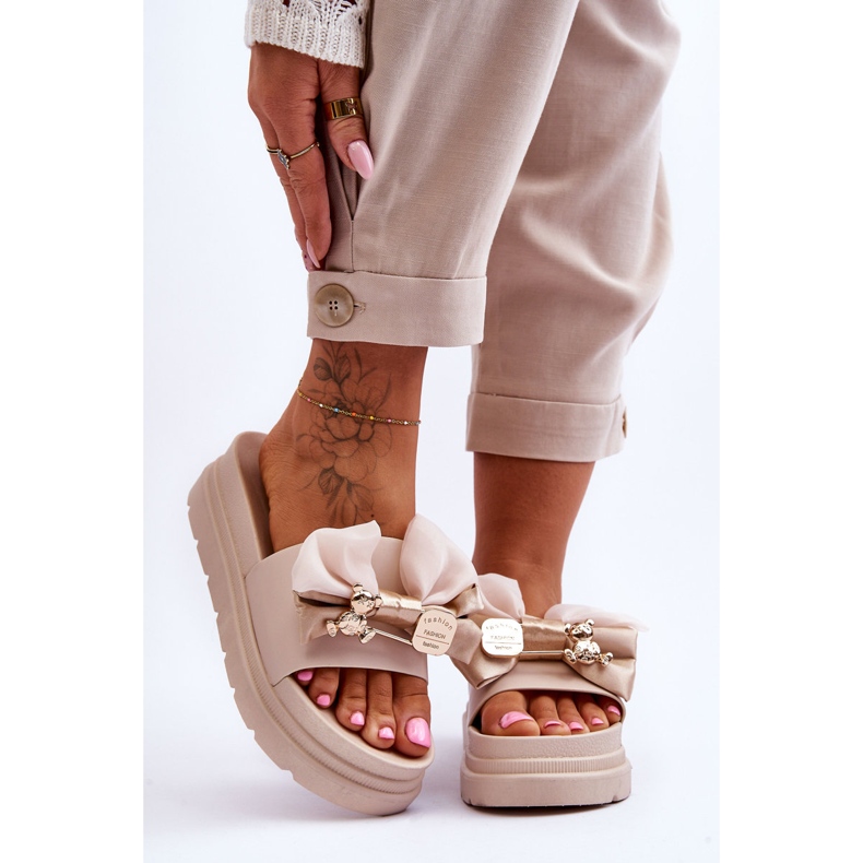 PE1 Slippers With Bow And Decorative Teddy Beige Suzy 1