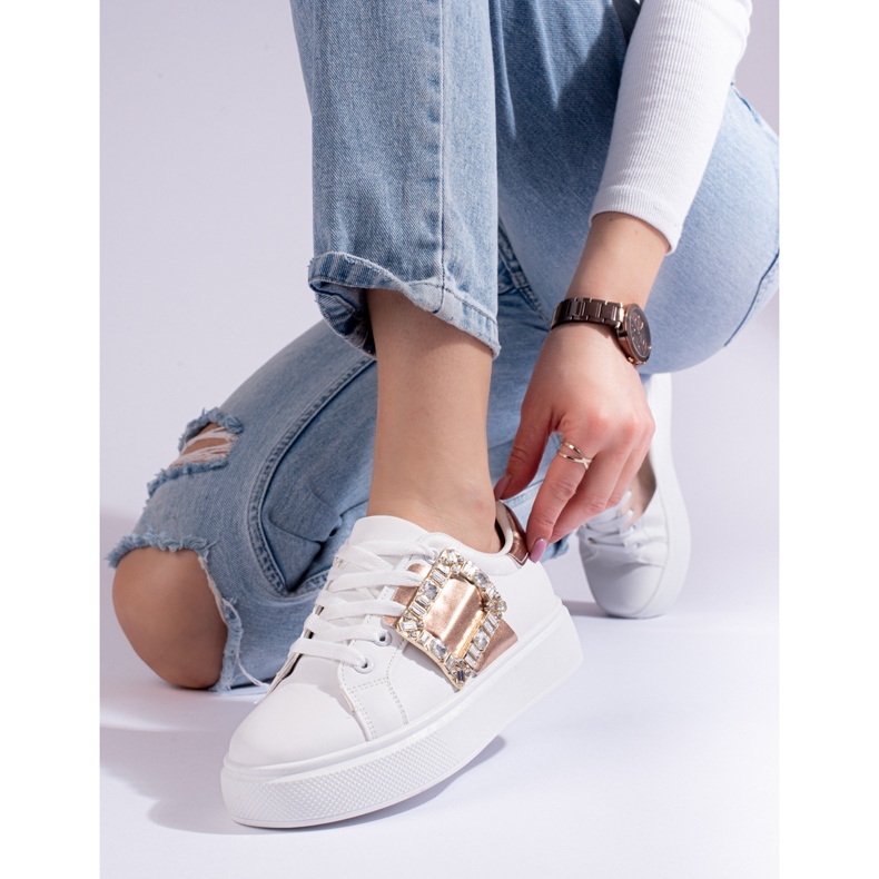 White women's sneakers with a golden Shelovet insert 1