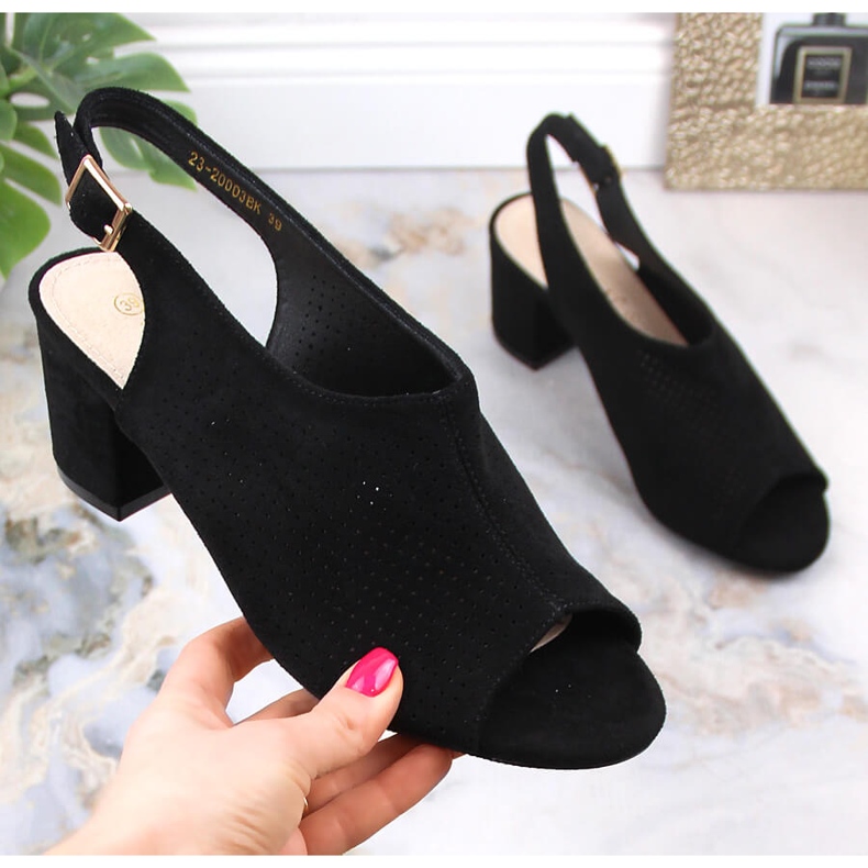 Women's openwork black suede sandals Potocki LE20003 1